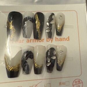 Press On Nails Black Gold White Rhinestone Coffin‎ Medium Length